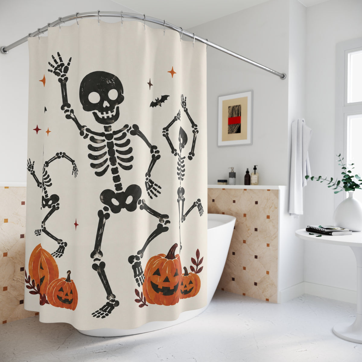 Playful Dancing Skeletons Halloween Shower Curtain