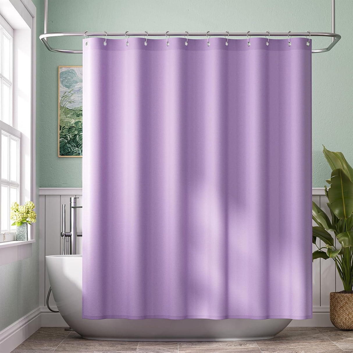 Purple shower curtain liner in a bathroom with a bathtub and window.