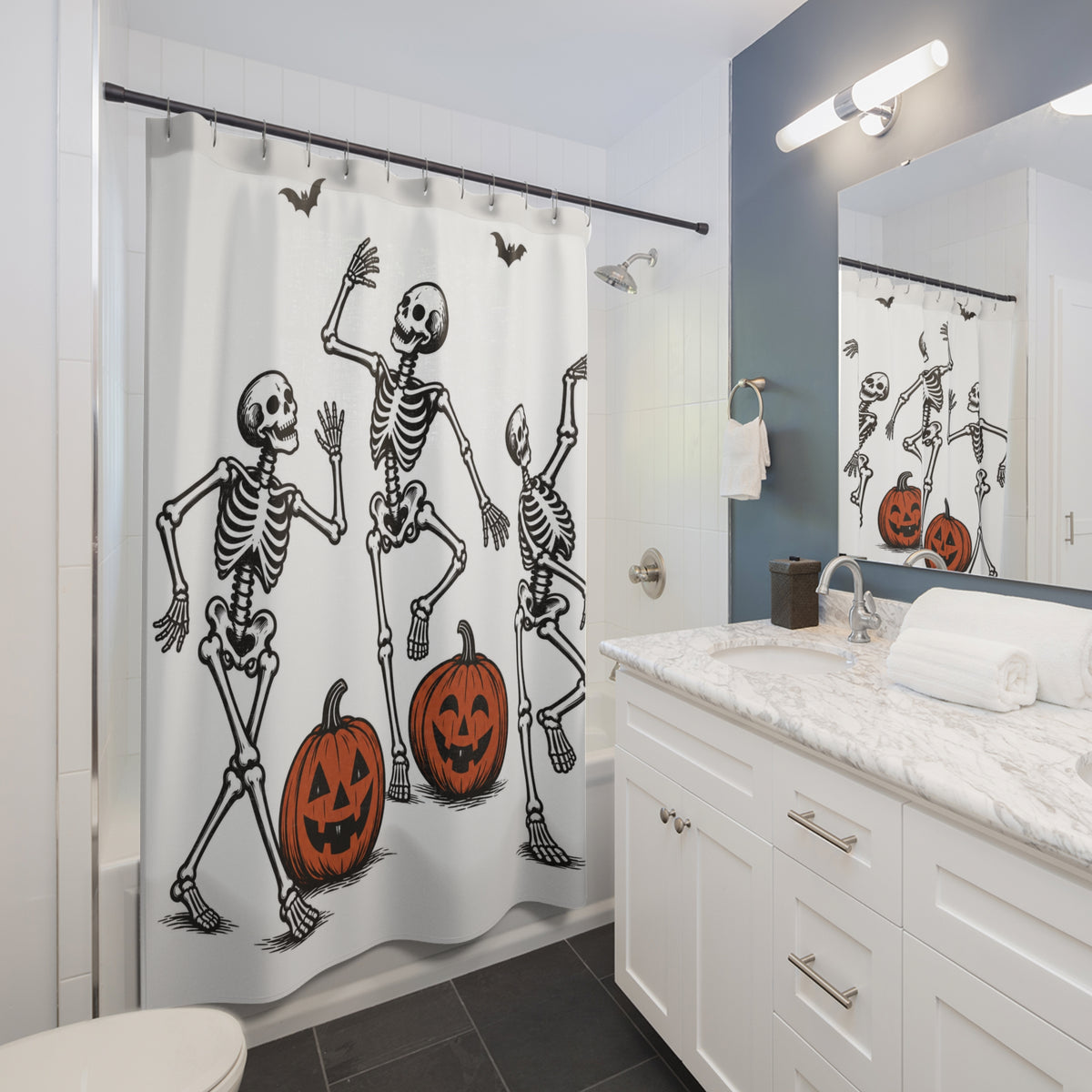 Linocut Dancing Skeletons Halloween Shower Curtain