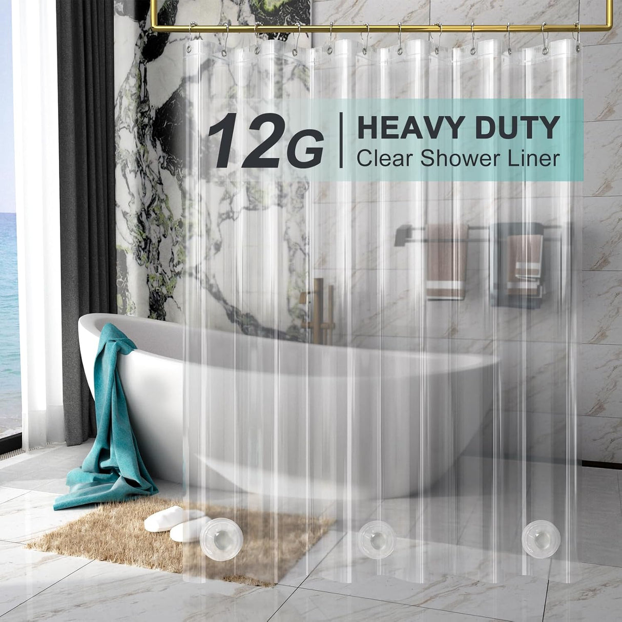 Heavy-duty clear shower liner with text in a bathroom setting