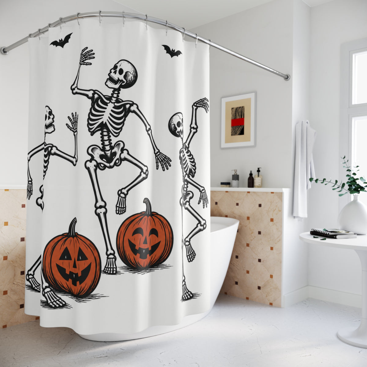 Linocut Dancing Skeletons Halloween Shower Curtain