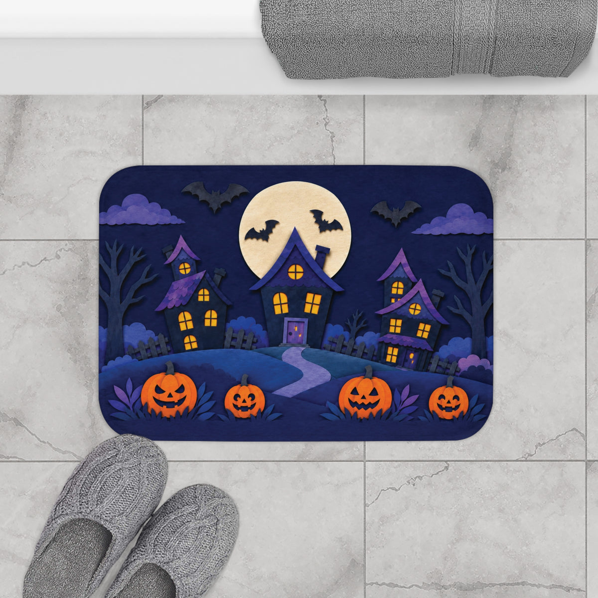 Haunted Village Halloween Bath Mat – Moonlit Pumpkin Scene