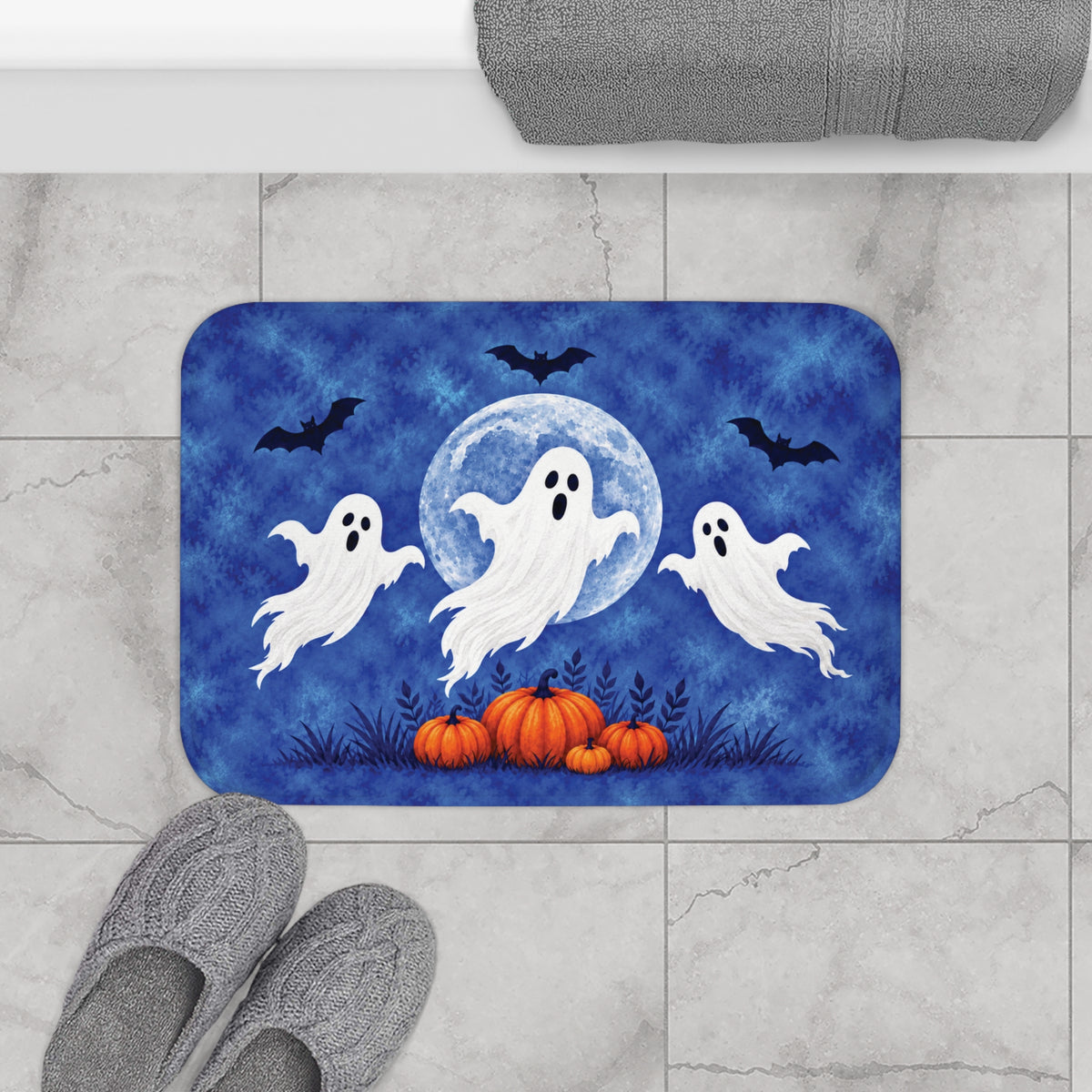 Moonlit Ghosts Halloween Bath Mat – Blue Moon & Pumpkins
