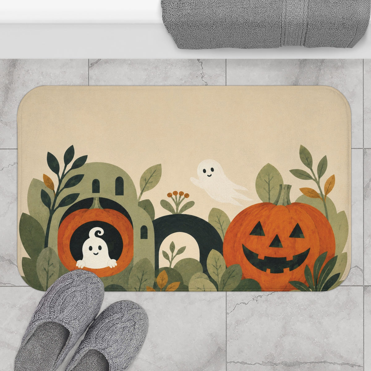 AmazerBath Halloween bath mat featuring green leaves, white ghost, and jack-o'-lantern placed on light bathroom tile beside a bathtub.
