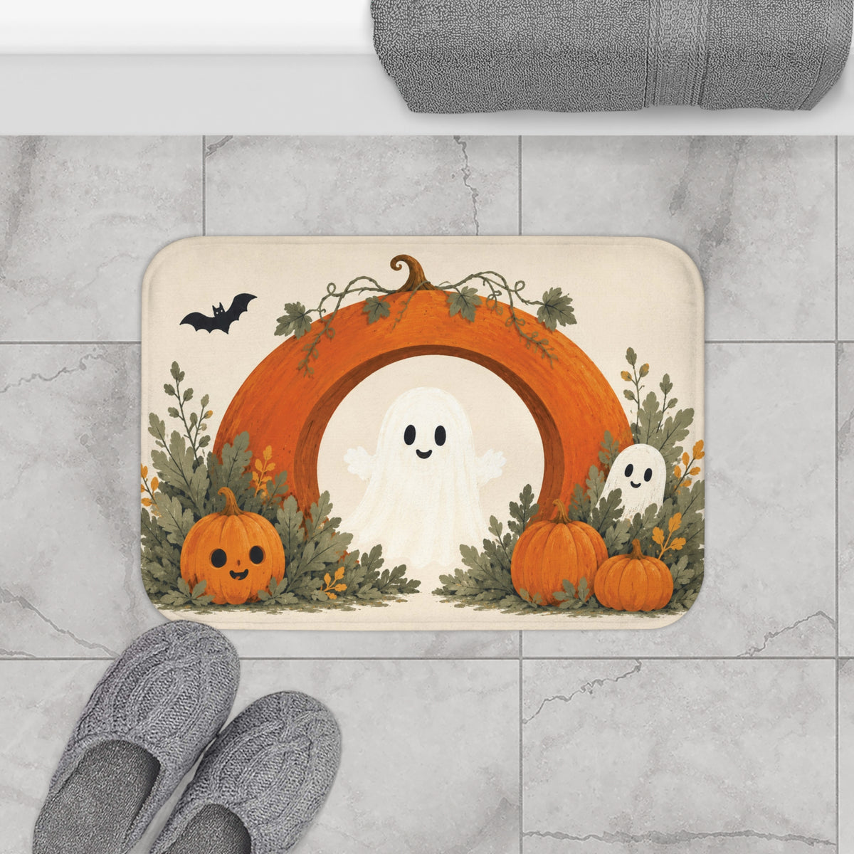 Ghost & Pumpkin Halloween Bath Mat – Autumn Arch Design
