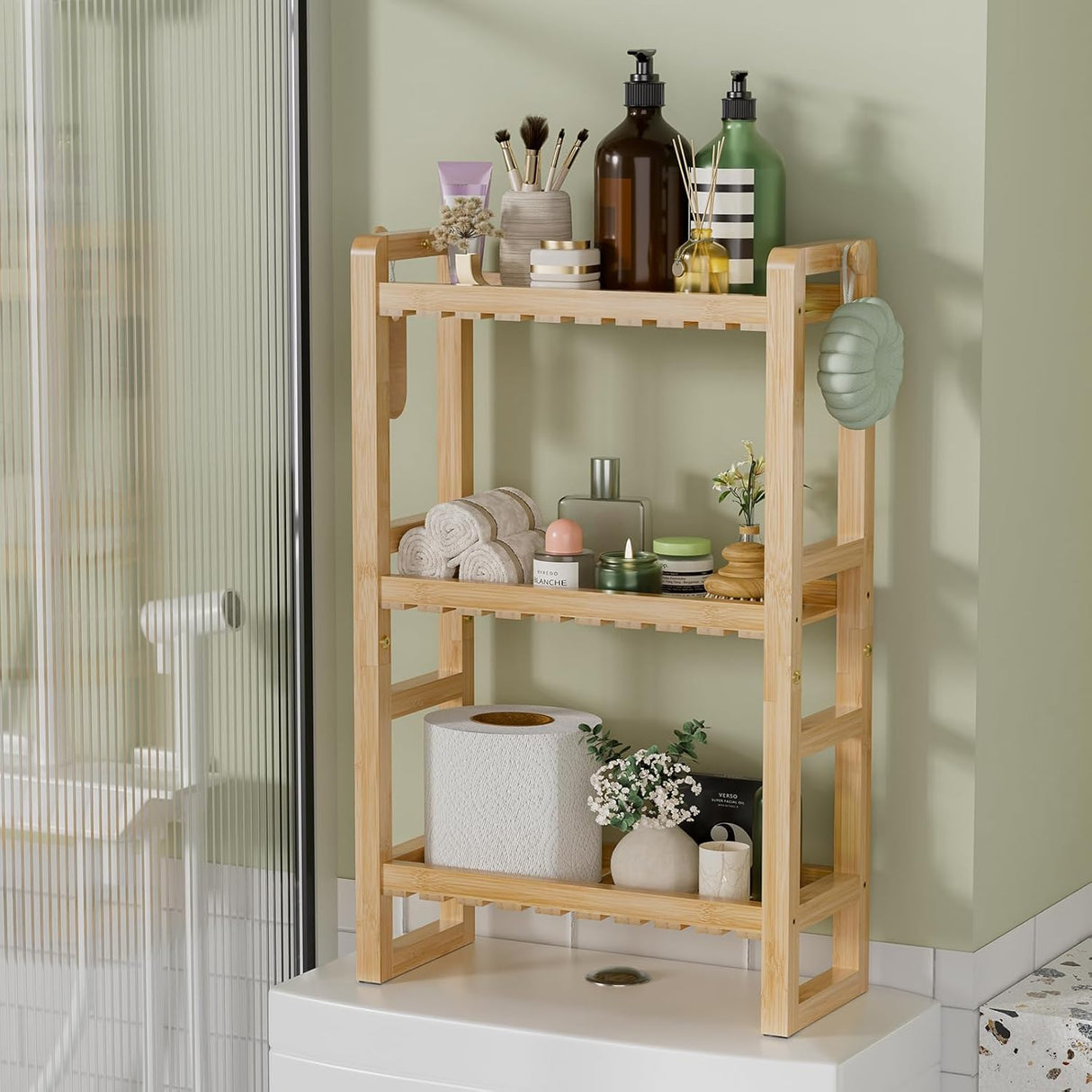 Wooden shelf with various items in a bathroom setting