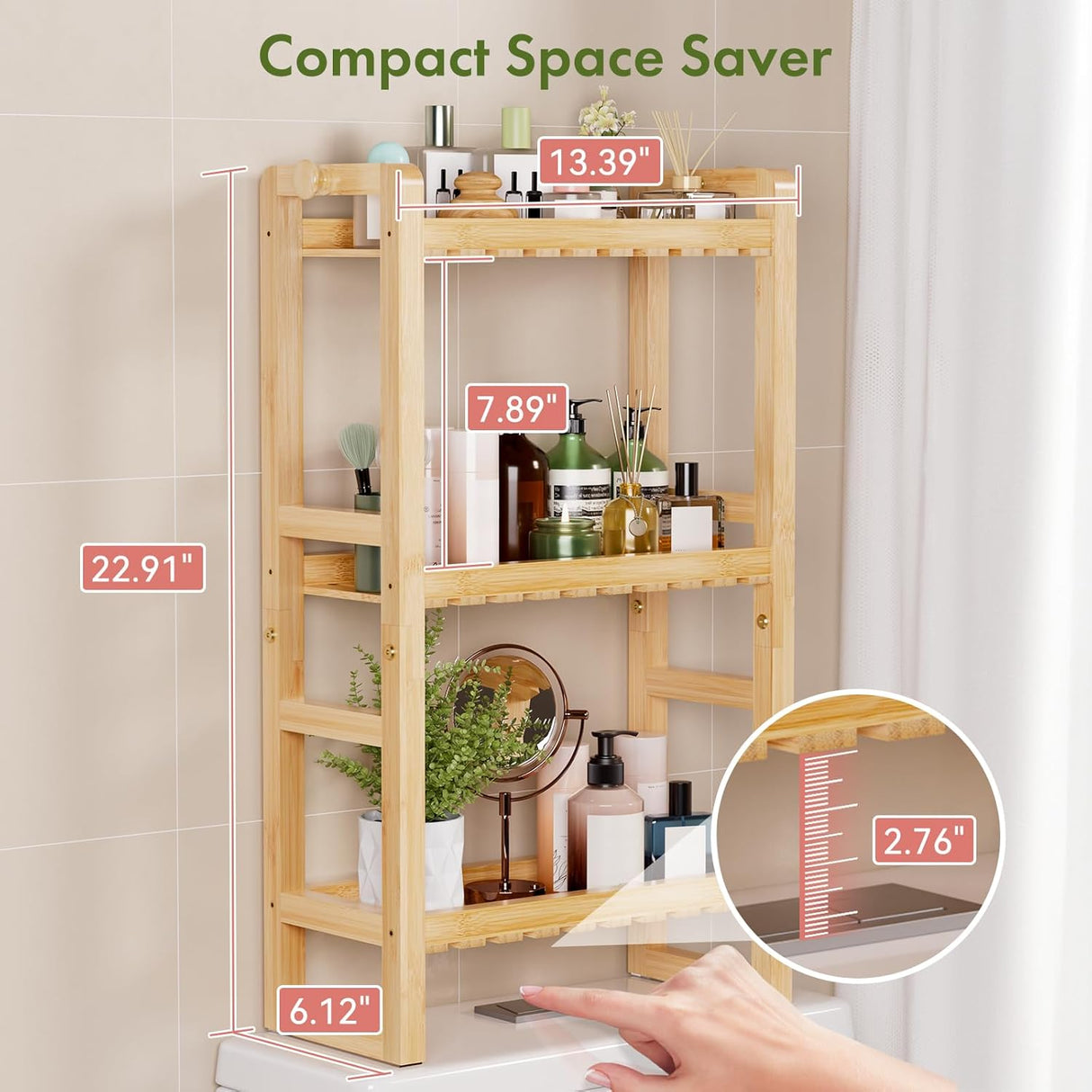 Wooden shelf with measurements and items on a tiled wall background