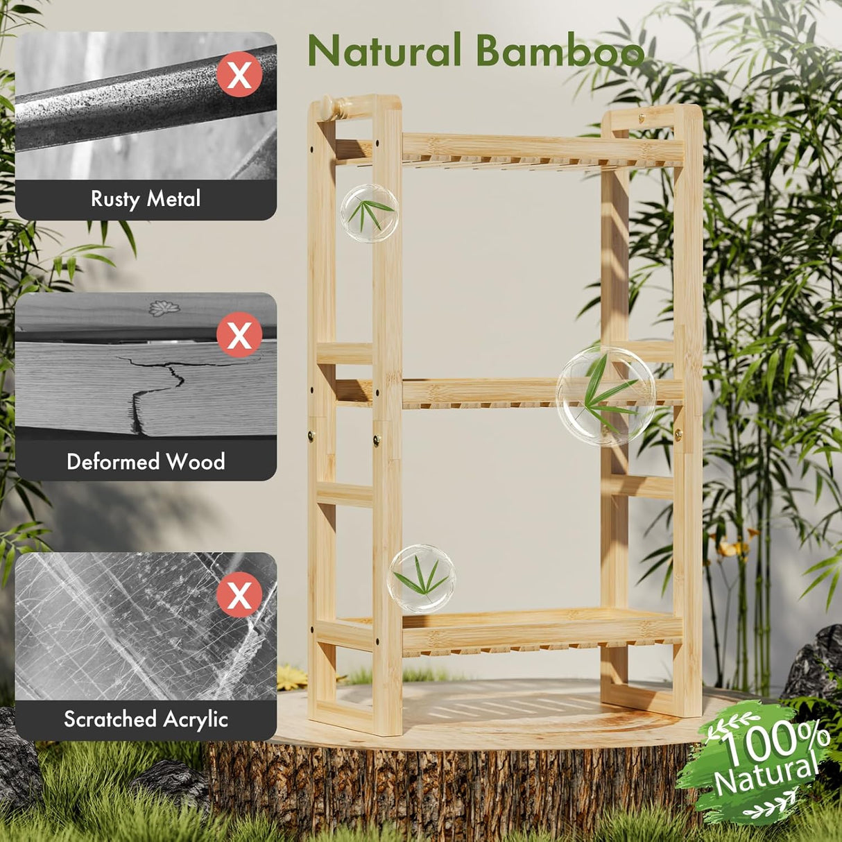 Wooden rack with natural bamboo design, surrounded by greenery.