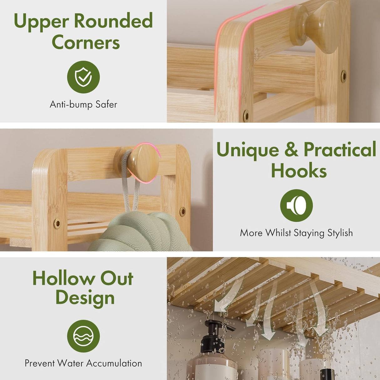 Wooden rack with rounded corners, hooks, and hollow design features on a light background.