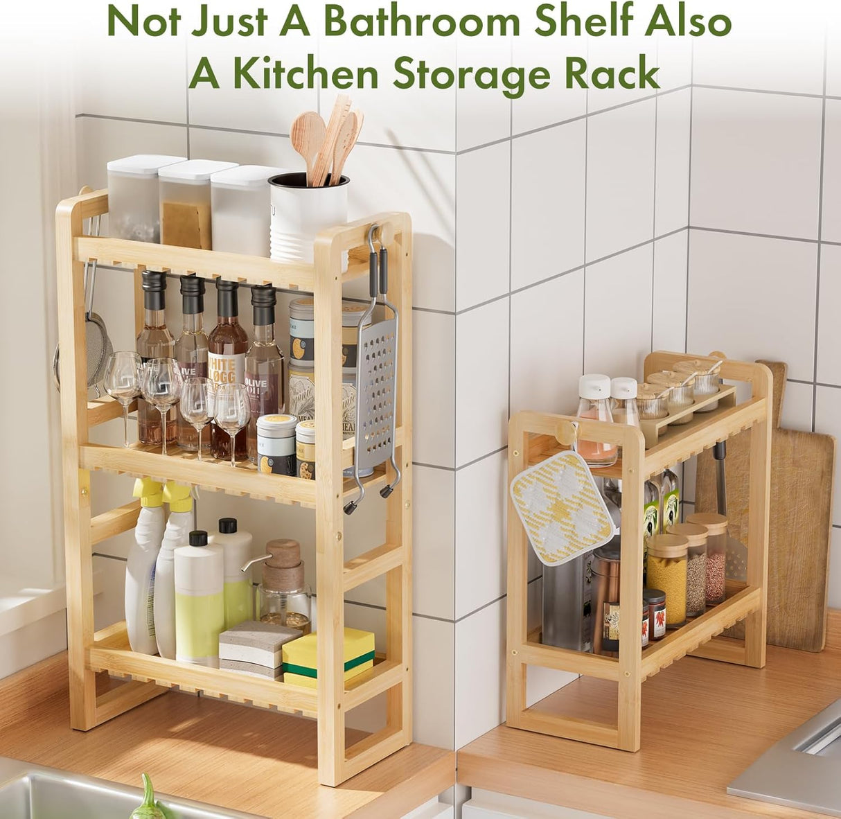 Wooden storage rack used as both a bathroom shelf and kitchen storage solution.
