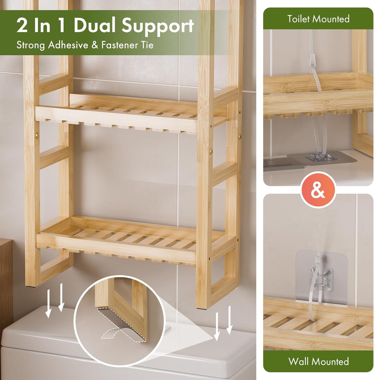 Wooden shelf with dual support system for toilet and wall mounting, featuring adhesive and fastener tie.