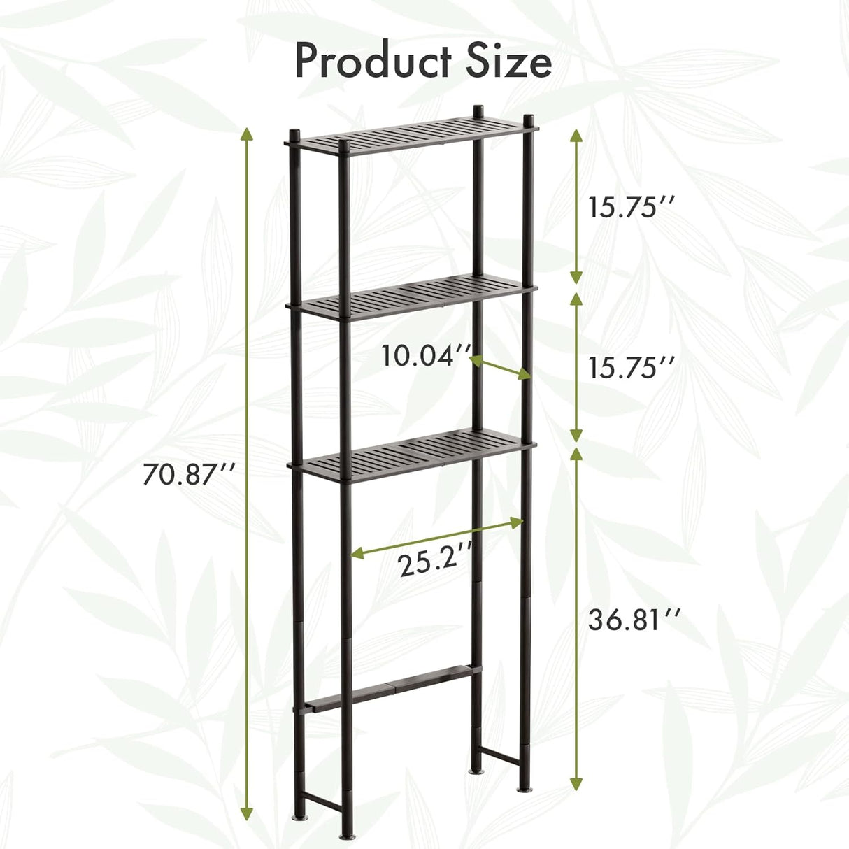 Bamboo shelving unit with dimensions on a white background