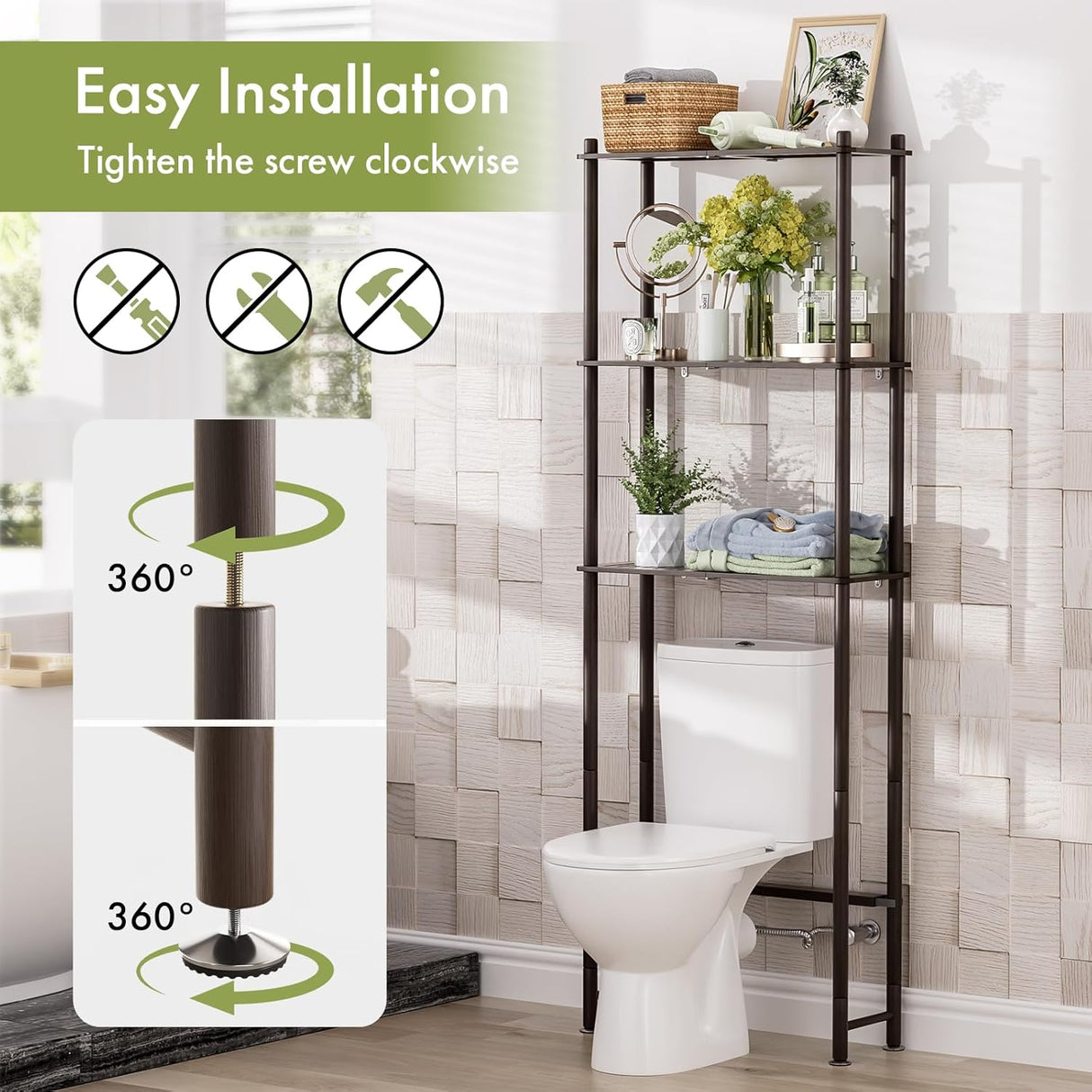 Bathroom shelving unit with toilet, plants, and decor items, featuring easy installation instructions.