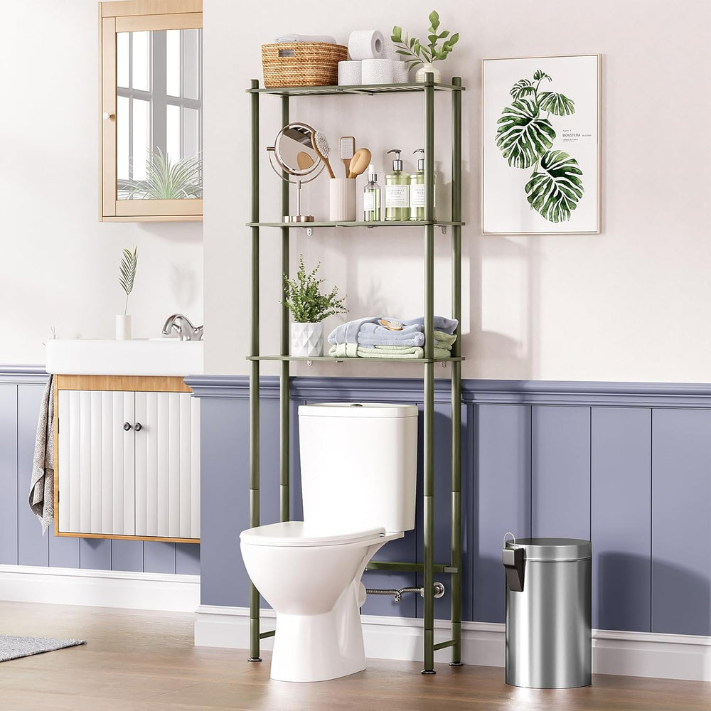 Bathroom with a toilet and over-the-toilet shelving unit against a wall with wainscoting.