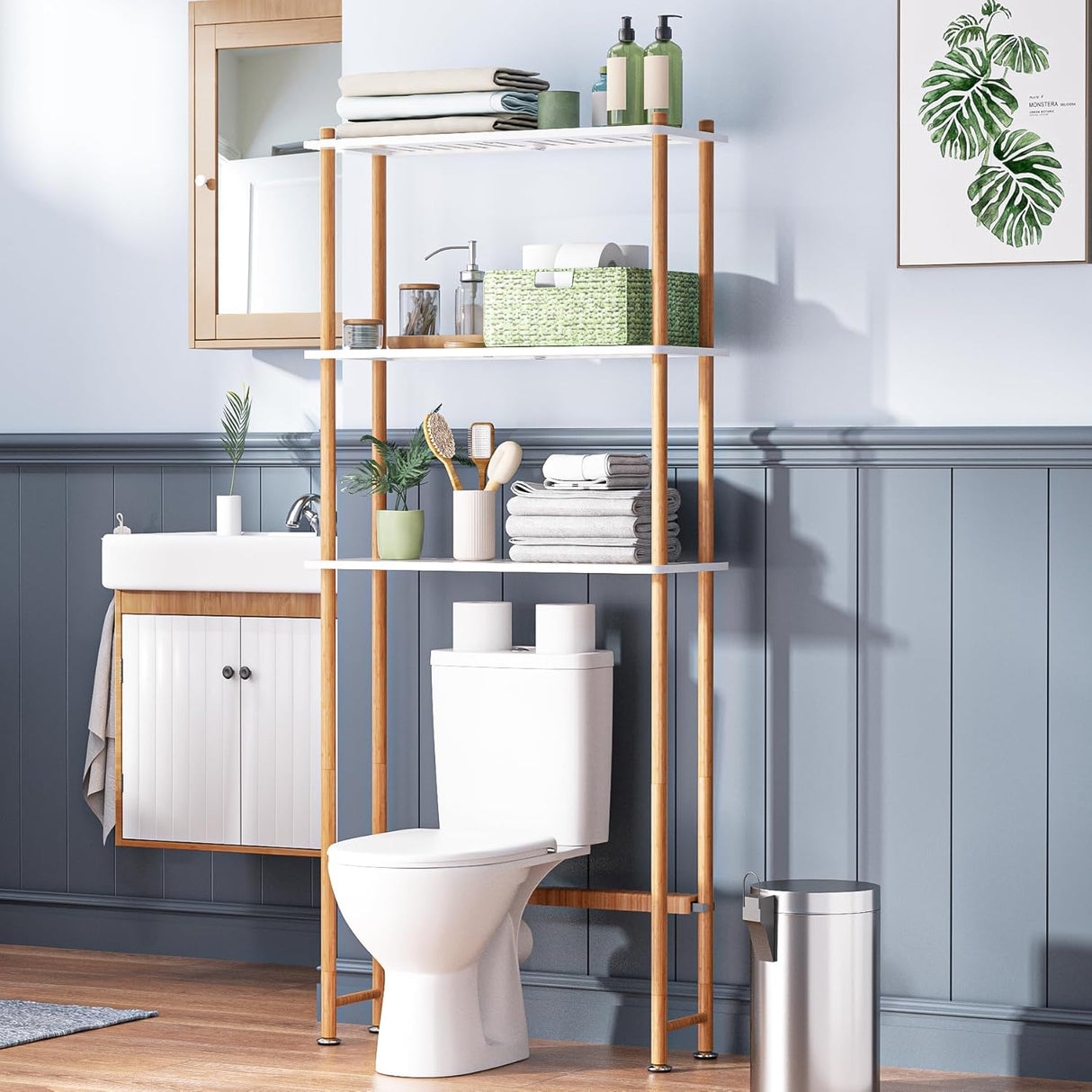 Bathroom with a wooden shelf above a toilet, featuring various toiletries and decor.
