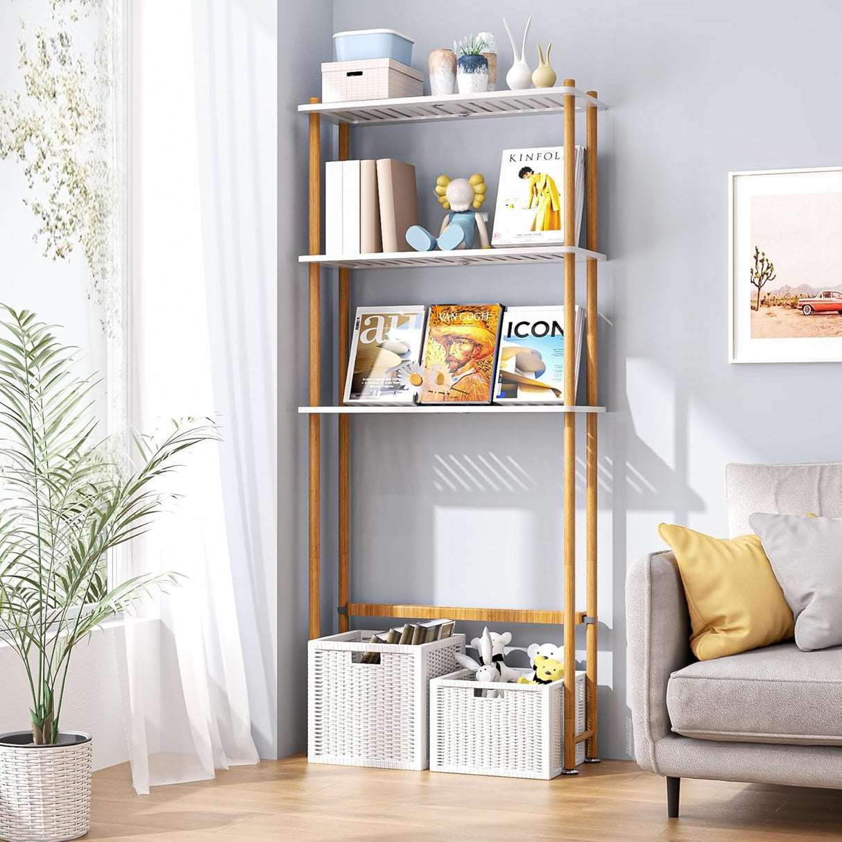 Tall wooden bookshelf with decorative items in a living room setting.