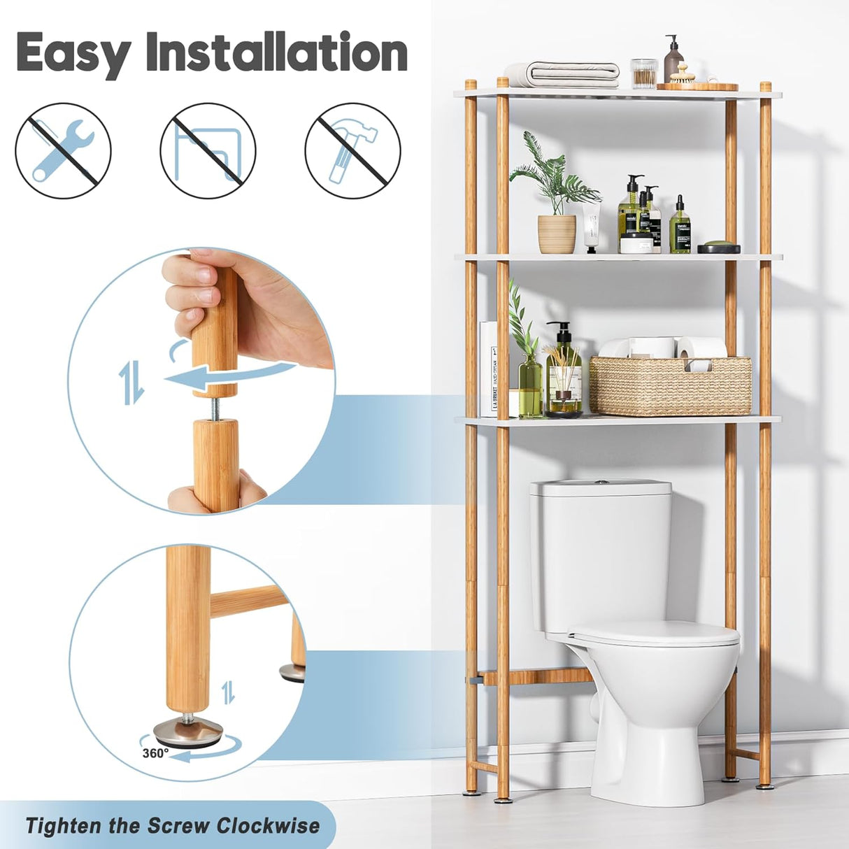 Bathroom shelf with over-the-toilet design, featuring easy installation instructions.