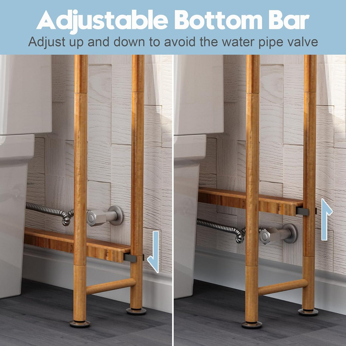 Adjustable shower bar with wooden design in a bathroom setting