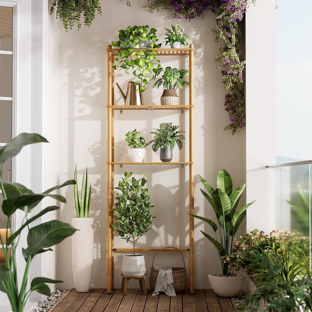 Bamboo shelf with various potted plants against a white wall.