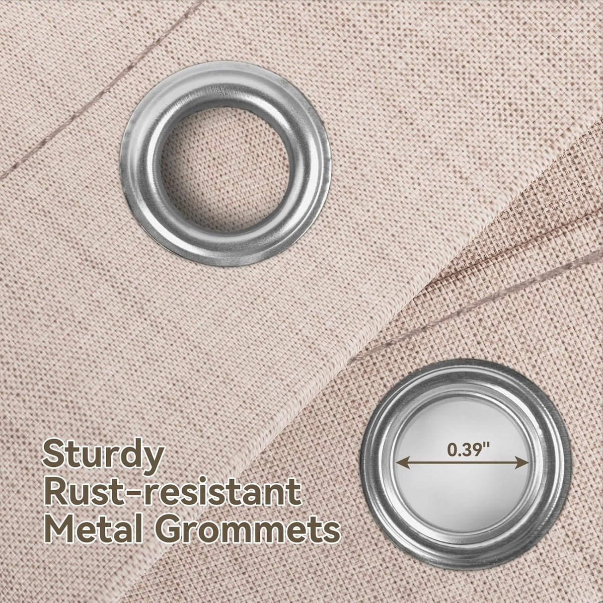 Metal grommets on a fabric background with text indicating 'Sturdy Rust-resistant Metal Grommets'.