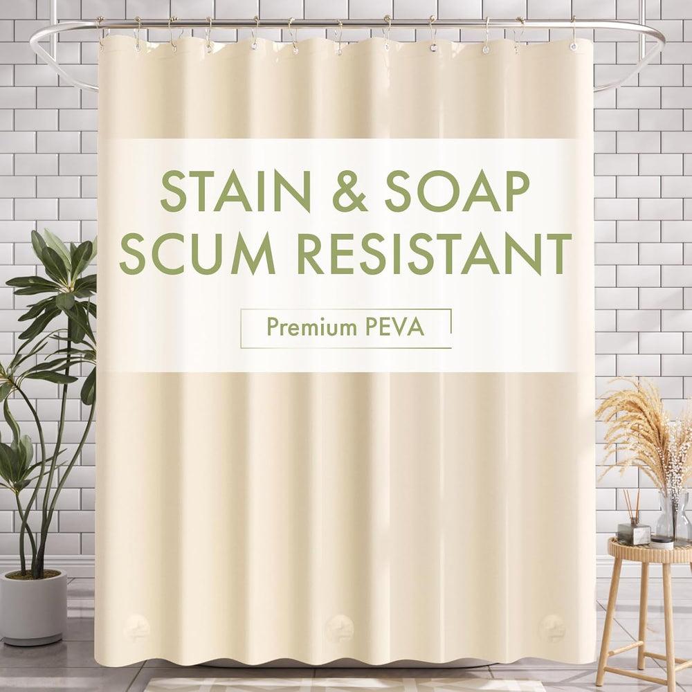 Beige shower curtain with 'Stain & Soap Scum Resistant' text in a bathroom setting