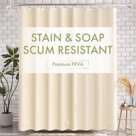 Beige shower curtain with 'Stain & Soap Scum Resistant' text in a bathroom setting