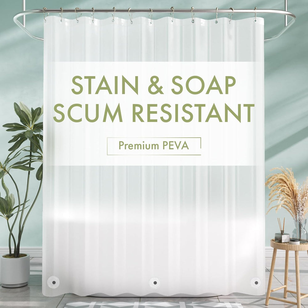 Shower curtain with 'Stain & Soap Scum Resistant' text in a bathroom setting