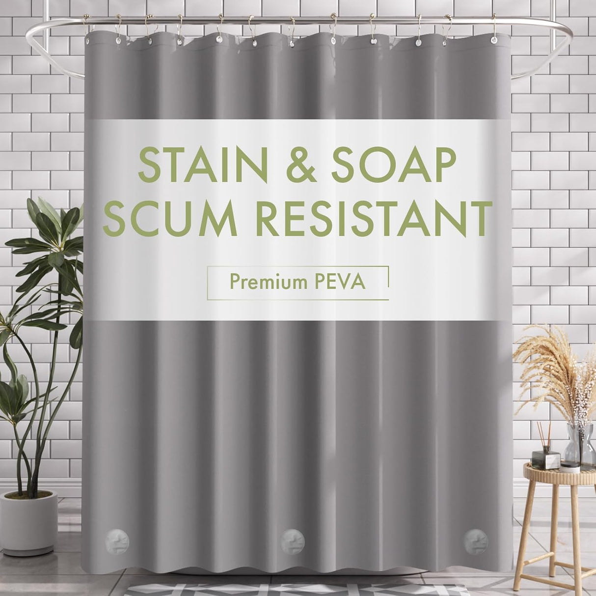 Gray shower curtain with 'Stain & Soap Scum Resistant' text in a bathroom setting