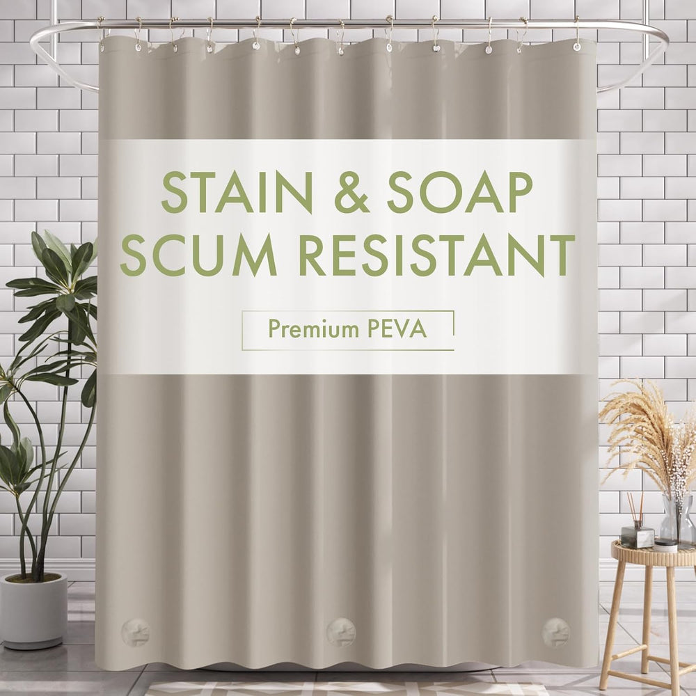 Shower curtain with 'Stain & Soap Scum Resistant' text in a bathroom setting