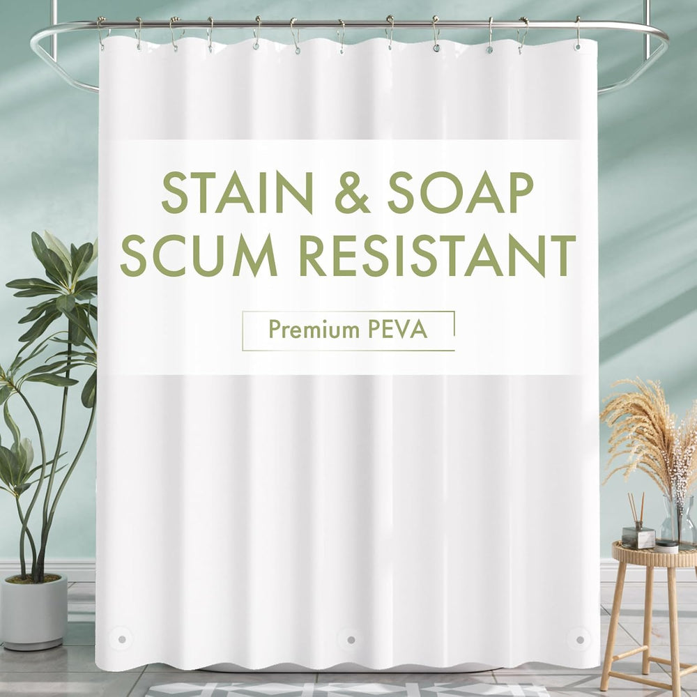 White shower curtain with green text 'STAIN & SOAP SCUM RESISTANT' and 'Premium PEVA' on a light blue wall background.