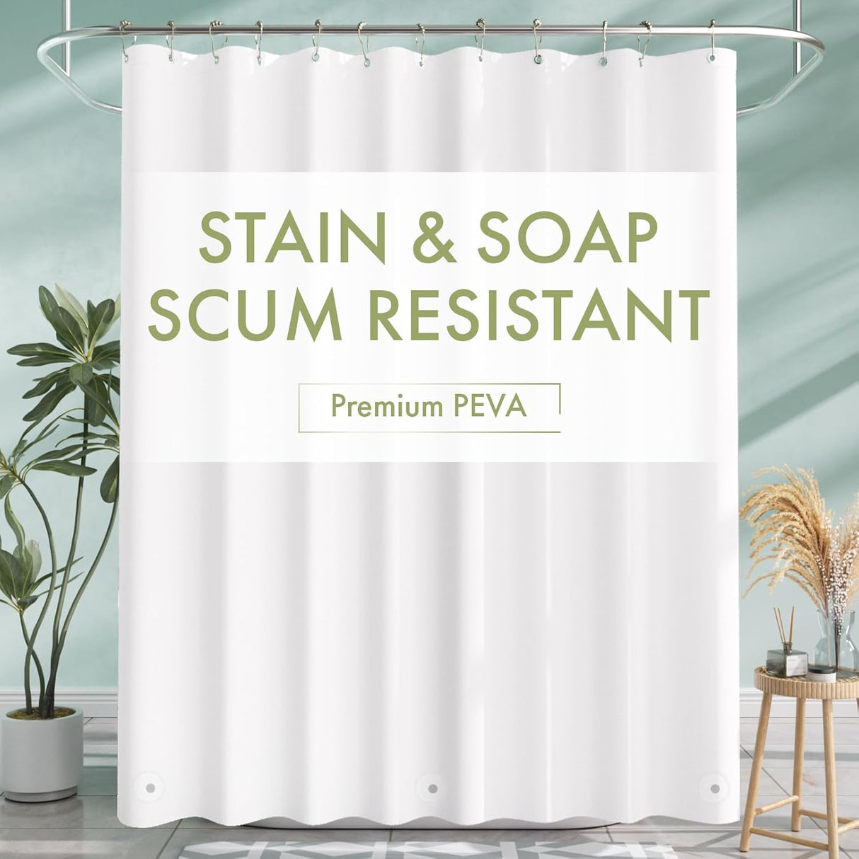 White shower curtain with green text 'STAIN & SOAP SCUM RESISTANT' and 'Premium PEVA' on a light blue wall background.