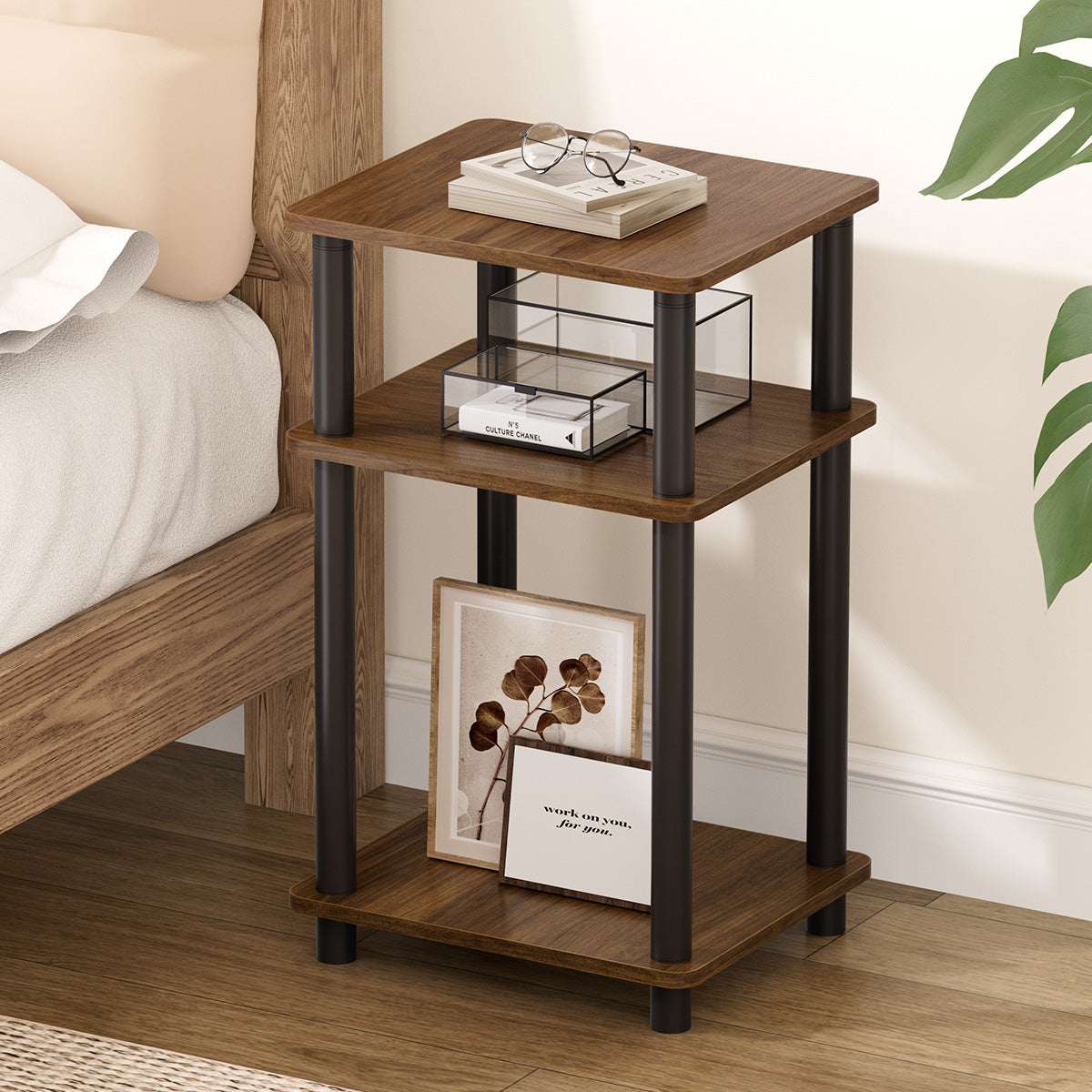 3-Tier Small End Table, Walnut Brown