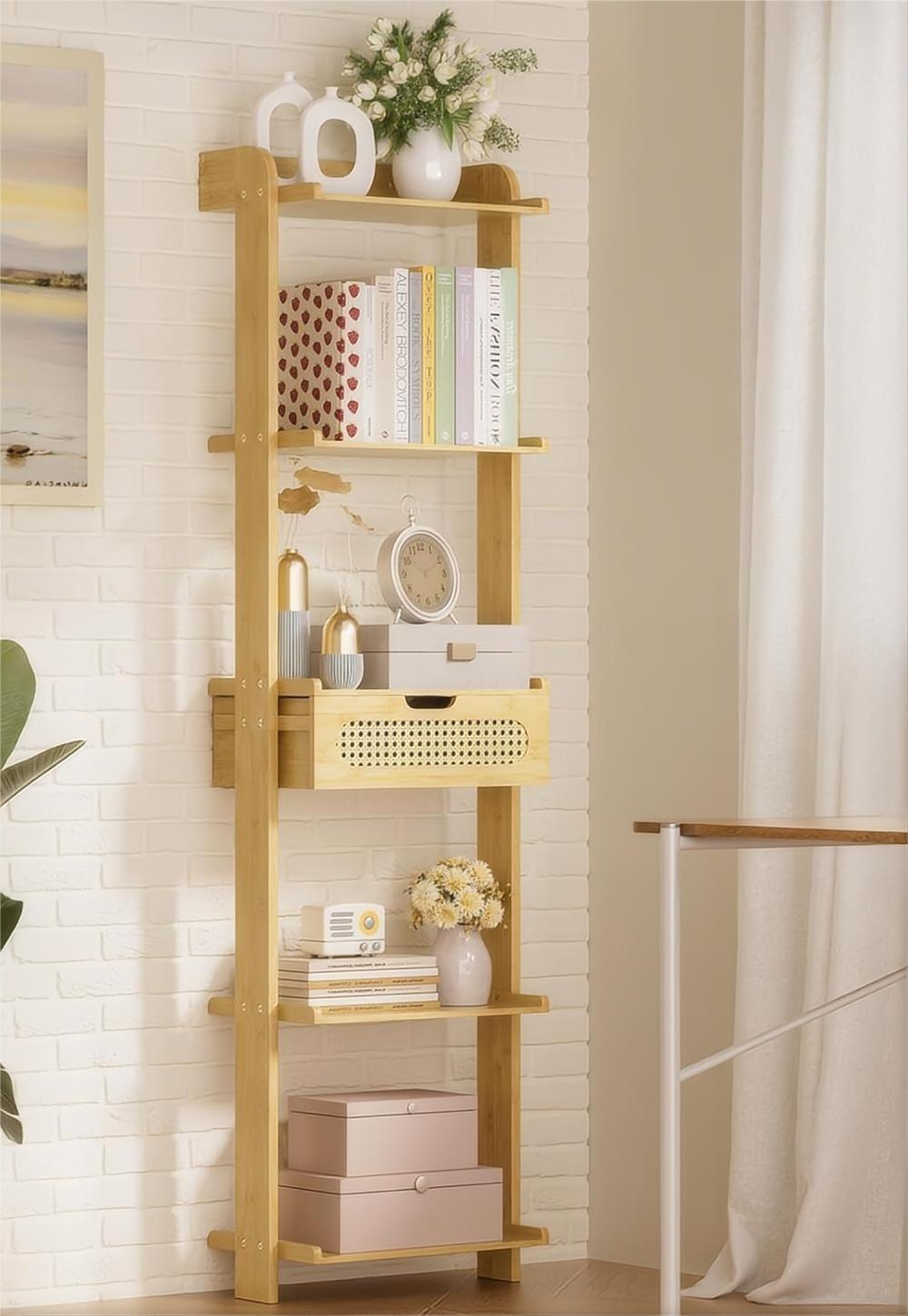 Wooden shelf with decorative items against a neutral wall