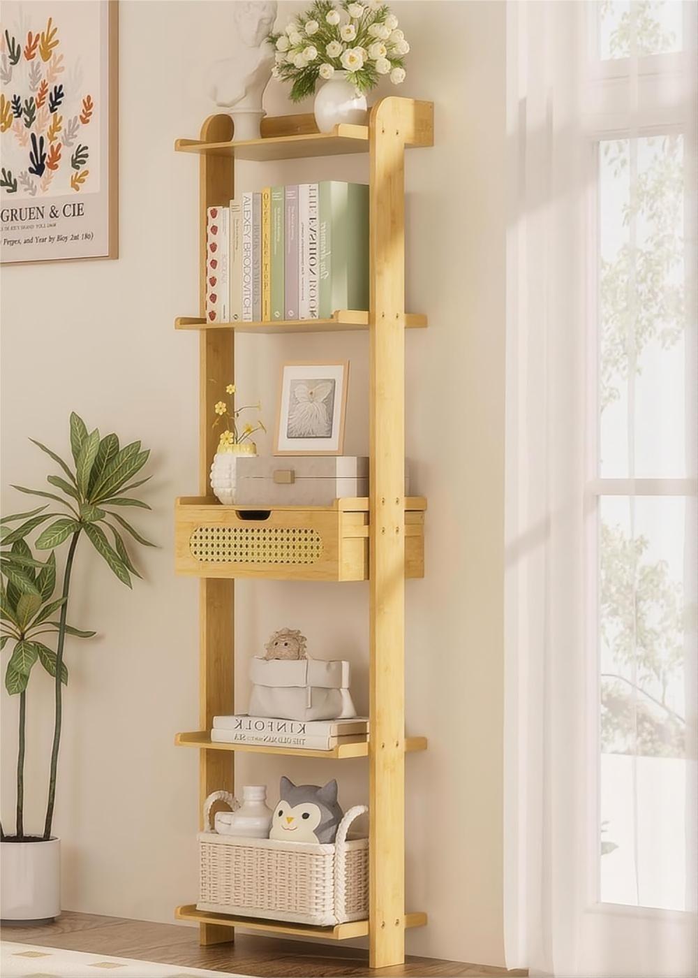 Wooden shelf with books, a plant, and decorative items against a light wall.