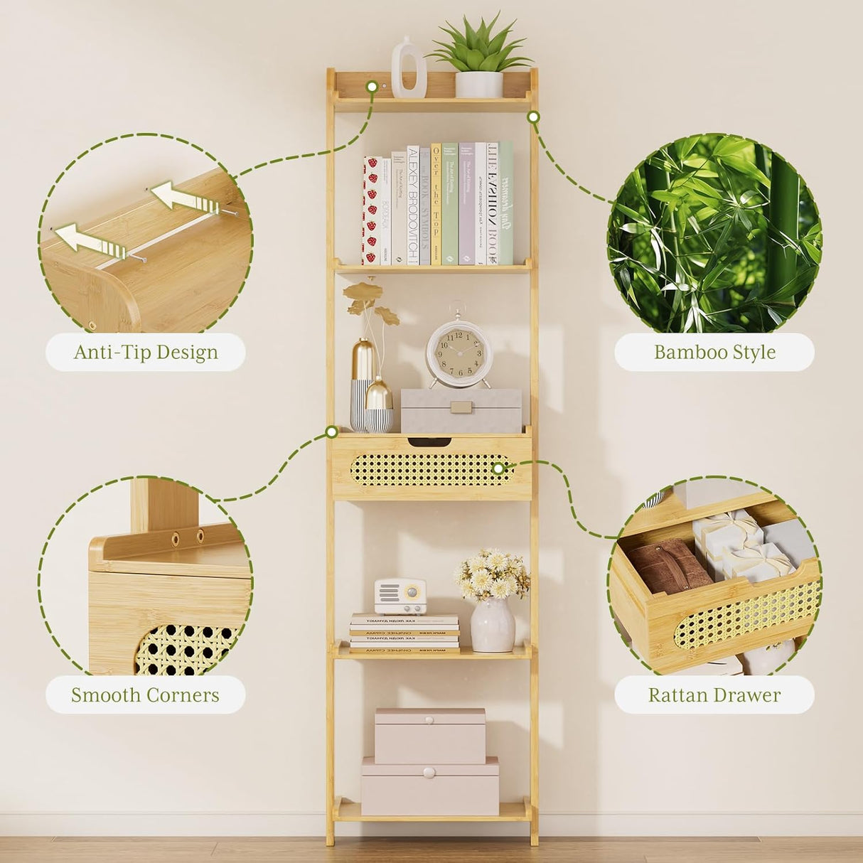 Bamboo shelf with various items and highlighted features on a light background