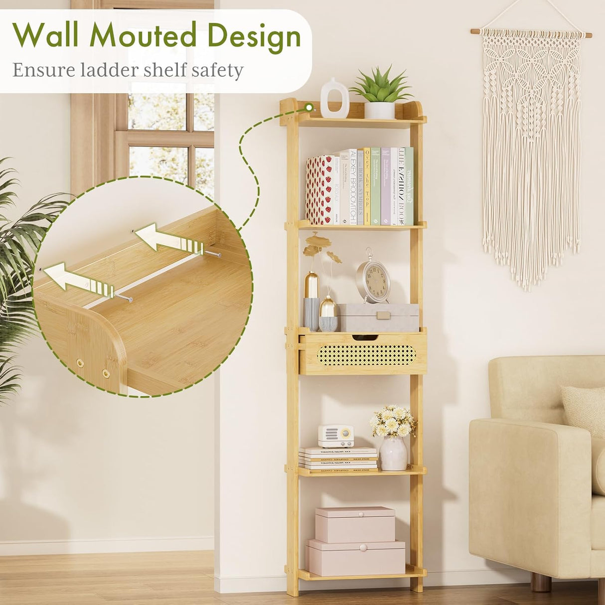 Wooden ladder shelf with safety feature highlighted in a living room setting