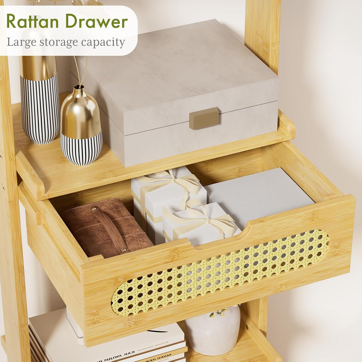 Wooden rattan drawer with storage capacity, containing items on a white background