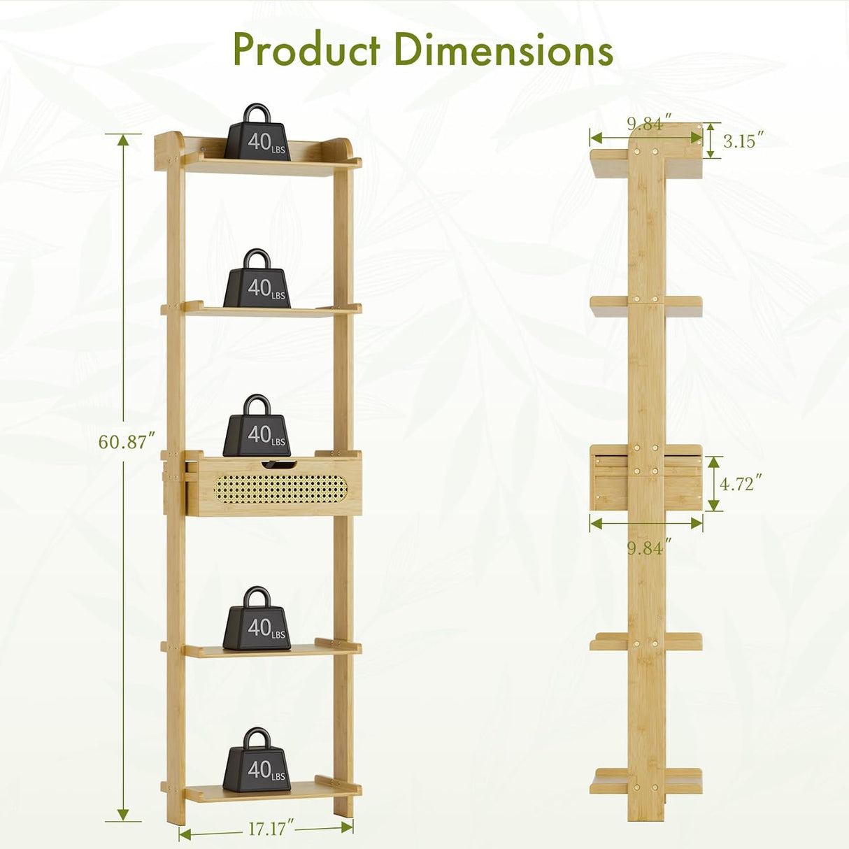 Dimensions of a wooden shelf with weight markers for reference
