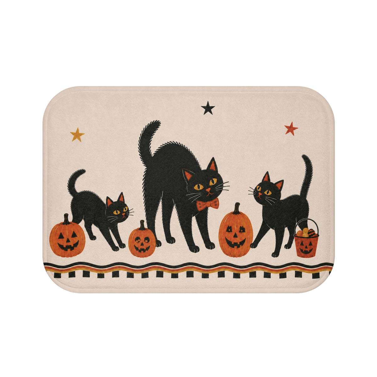 Black Cat Halloween Bath Mat – Retro Pumpkins & Stars