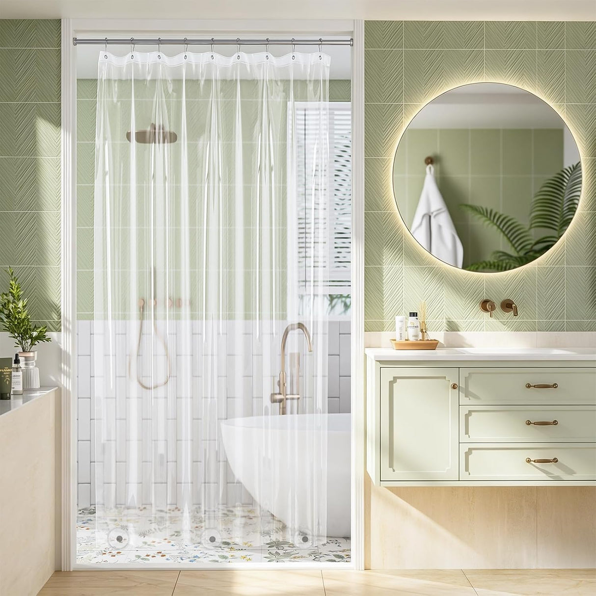 Bathroom with shower curtain, sink, and round mirror with lighting
