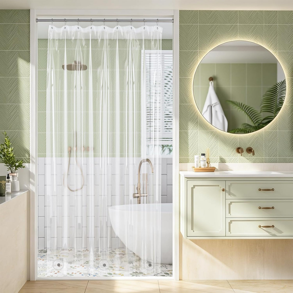 Bathroom interior with shower area, vanity, and round mirror.