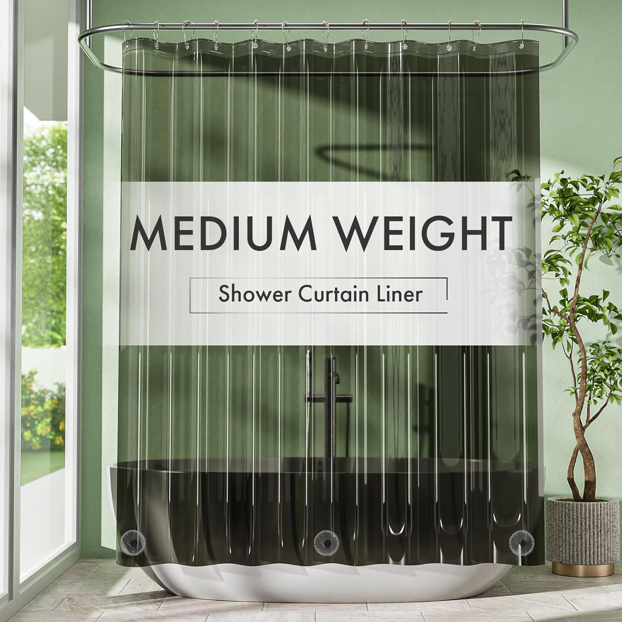 Transparent shower curtain liner with 'Medium Weight' label in a bathroom setting.