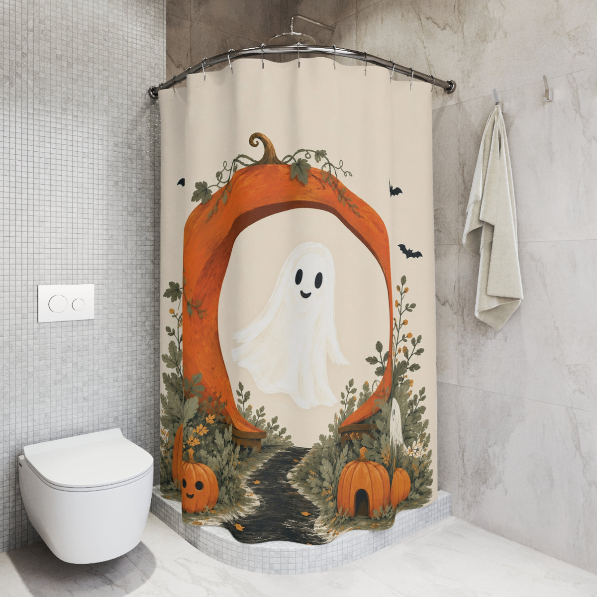 Ghost & Pumpkin Arch Halloween Shower Curtain