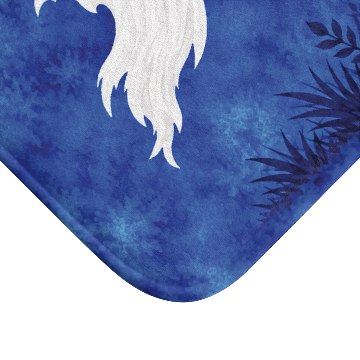 AmazerBath Halloween bath mat corner with blue moon, white ghosts, and pumpkins, vivid print, soft texture, and a bound edge.