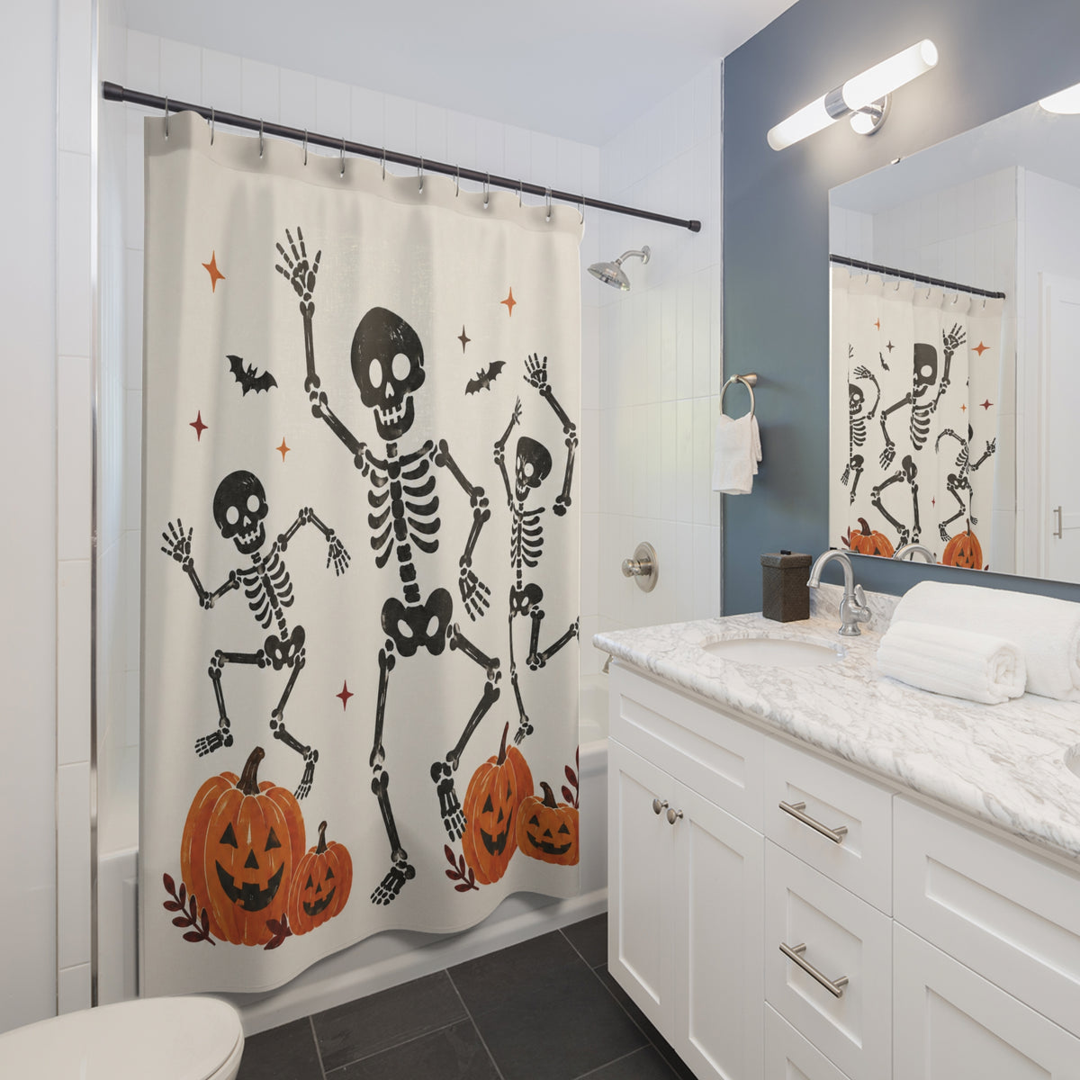 Playful Dancing Skeletons Halloween Shower Curtain