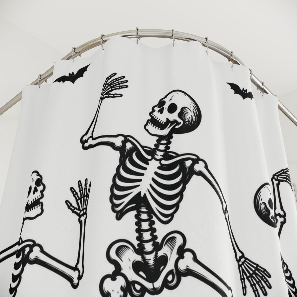 Linocut Dancing Skeletons Halloween Shower Curtain