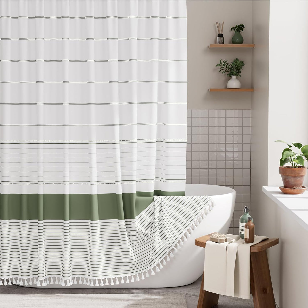AmazerBath Farmhouse Shower Curtain with Tassel, Boho