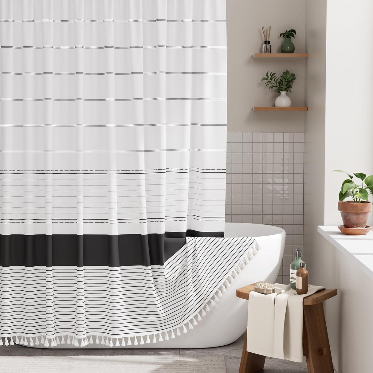 AmazerBath Farmhouse Shower Curtain with Tassel, Boho