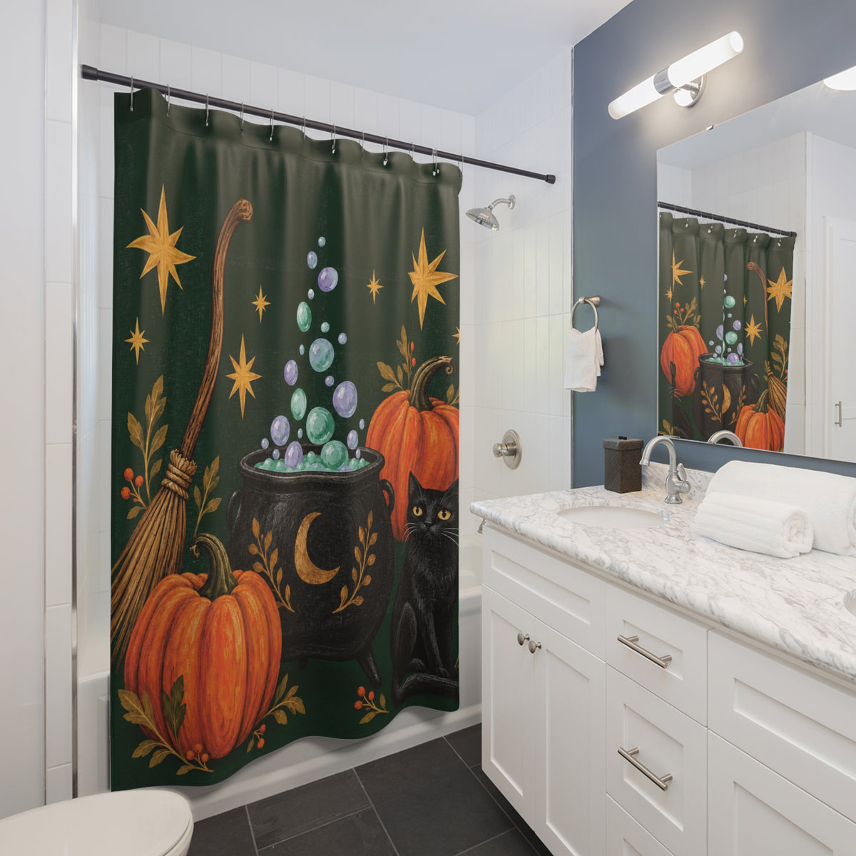 Witchy Folk Cauldron Halloween Shower Curtain