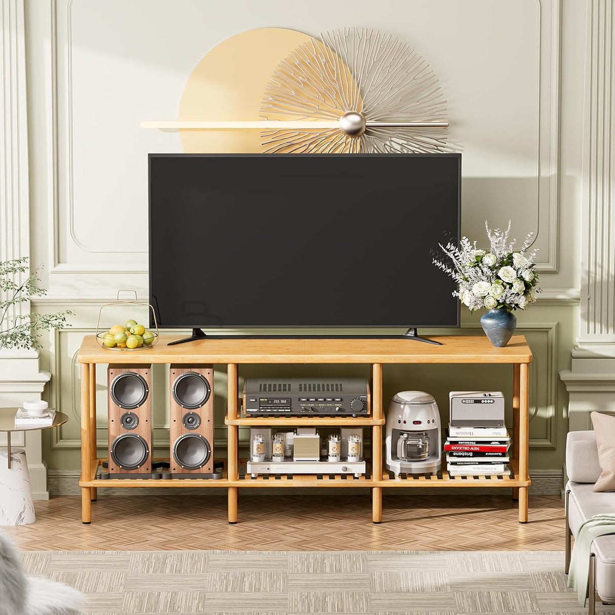 Amazer Bamboo TV Stand, 3-Tier Open Storage Shelf